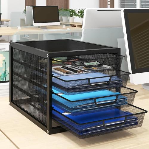 Natwind Mesh Desk Organizer with 4 Tier Sliding Drawers, Office Supplies Desktop Organizers and Accessories Stationery Storage, Paper Sorter, File Binder Organizer for Home Office School,Black