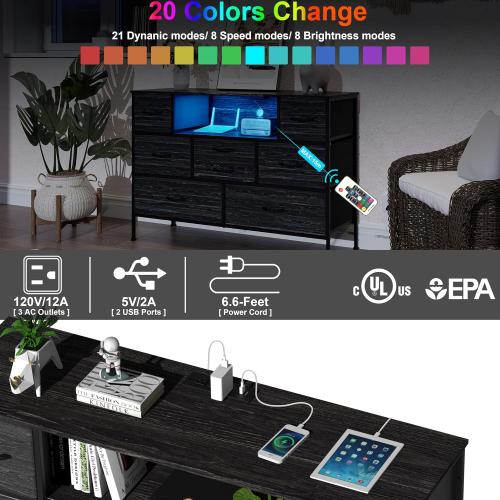 Charcoal black Wide Dresser with Charging Station and LED Light for Bedroom 8 Fabric Drawers Chest of Drawers with Power Outlet Storage Open Shelf for Living Room TV Stand Closet Hallway (Charcoal Black)