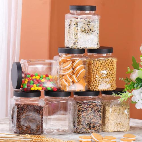 Gerrii 32 oz Plastic Storage Jars with Lids Bulk Clear Grip Containers with Wide Mouth, Wide Mouth Pantry Dry Food Storage Canisters Jars for Flour, Rice, Coffee, Sugar, Honey, Black Lids
