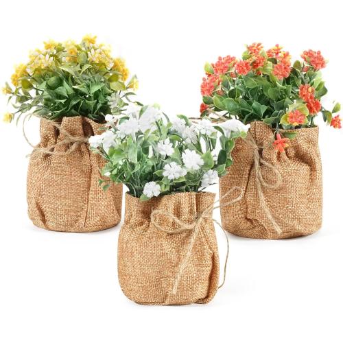 Velener Artificial Flowers in Small Burlap Bag Vases 3Pcs - Faux Flowers Farmhouse Home Coffee Table Bookshelf Office Desk Decor Kitchen Dining Room Fake Plants Indoor(Red/White/Yellow)