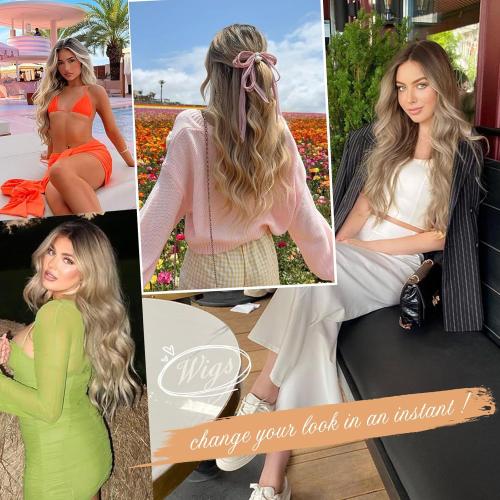 Ombre Blonde Wigs for Women, Long Blonde Wavy Wig, 26 Inch Middle Part Natural Looking Synthetic Heat Resistant Wig for Daily Party Cosplay Use