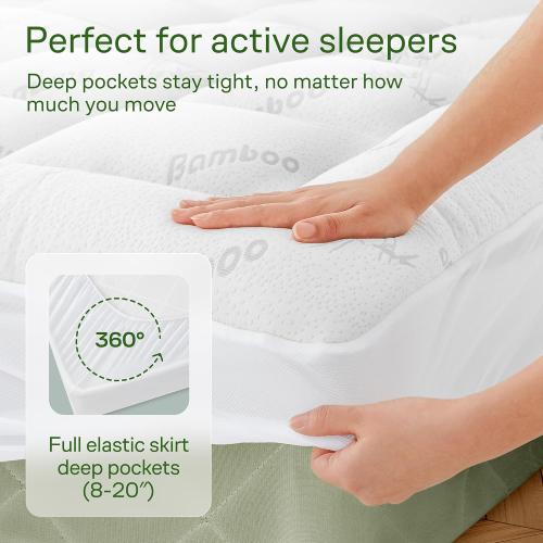Ultra Soft Queen Size Mattress Topper - Viscose Made from Bamboo Pillow Top Mattress Pad for Back Pain Relief - Naturally Cooling for Hot Sleepers, White