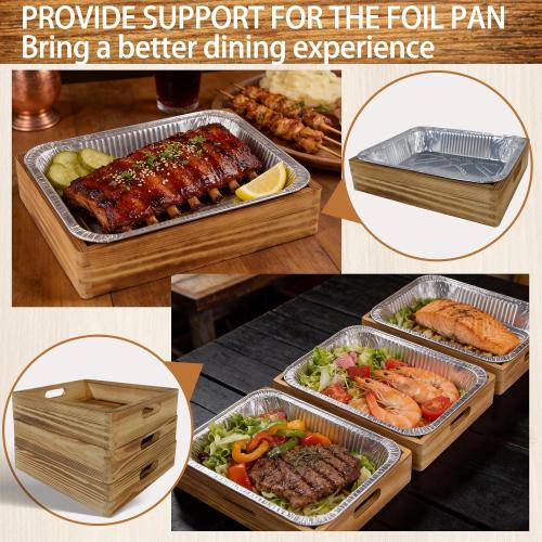 Tnstbiee 3-Pack Wooden Holders for 9x13 Foil Pans - Includes 3 Disposable Aluminum Foil Pans - Rustic Handcrafted Food Carrier - Perfect for Parties, Catering & Home Kitchen - Foil Tray Display Stand‼️ 3 wooden trays & 3 foil plans included (1 foil pan bent on edge) ‼️
