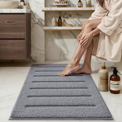 LUMI Microfiber Bath Mat, Soft Absorbent with Non Slip, Grey, 24x36 | High Absorbent Fluffy Microfiber, Machine Washable, Modern Striped Design for Bathroom, Sink Floor, Shower Tub