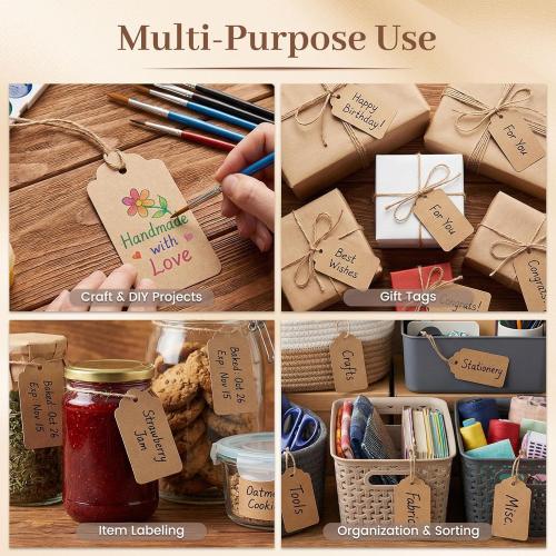 SallyFashion 100pcs Gift Tags with String Attached, 1.7 x 2.8 inch Kraft Paper Hang Tags for Clothes DIY Crafts Wedding Holiday (Brown)