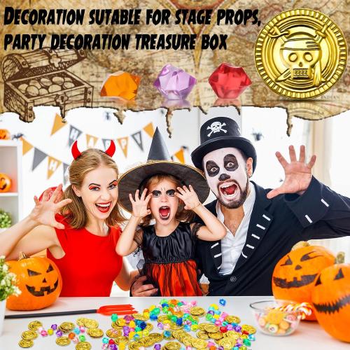 Hanaive 100 Pcs Plastic Pirate Gold Coins Acrylic Colored Gems Fake Gems Buried Treasure Pirate Party Decorations for Halloween Adventure Themed Event Birthday Party Props Decor (Retro Style,Gold)
