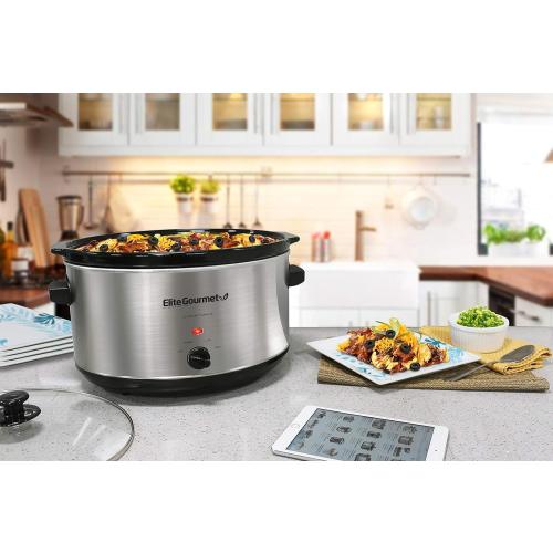 Elite Gourmet Stainless Steel Slow Cooker, Dishwasher-Safe with Tempered Glass Lid, Cool-Touch Handles, Removable Stoneware Pot, 8.5 Quart,MST-900V