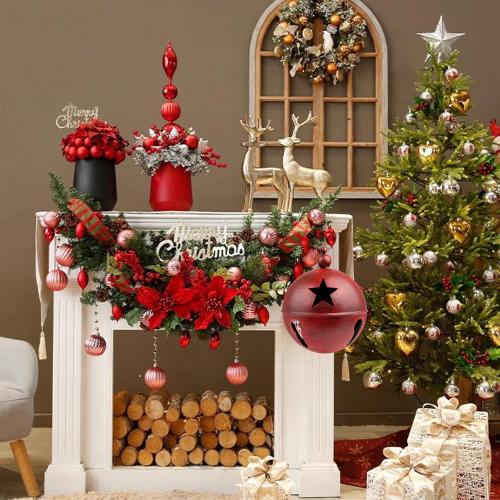YIYA Big Christmas Jingle Bells Decorations Red Giant Iron Christmas Ball 9.4x12.2 Inch Jingle Bell Yard Decor for Xmas Holiday Tree Doorway Home Garden Decor