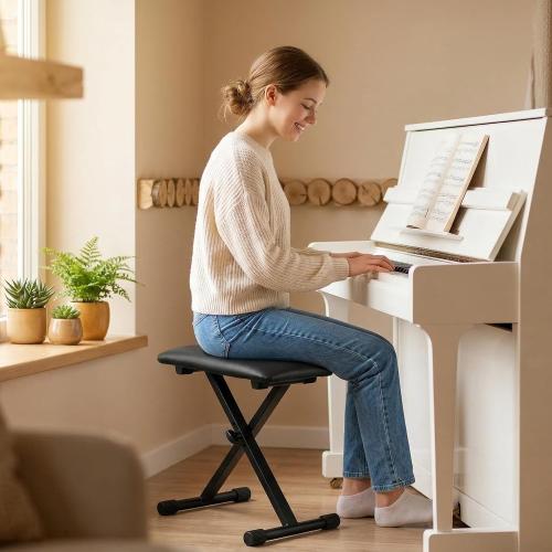 Adjustable Keyboard Bench with Extra-Thick Seat & Carrying Bag, Folding Piano Stool for Adults/Kids, Portable Height Adjustable Organ Stool, Heavy-Duty 330lbs Capacity Non-Slip Feet - Black