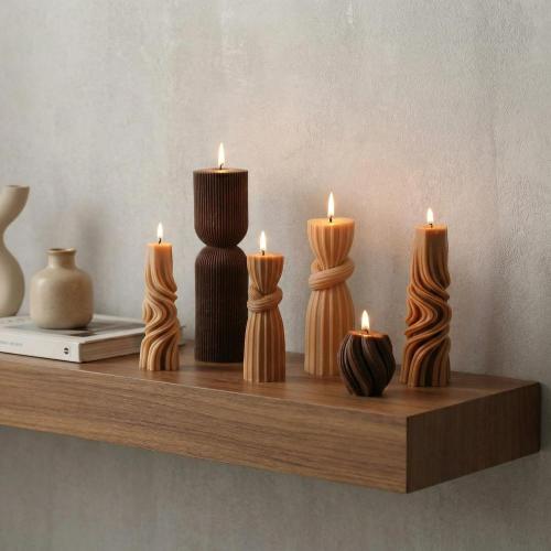 6 Pcs Pillar Candles Decorative Modern Aesthetic Ribbed Candle Set Cute Soy Wax Scented Ribbed Decor Valentine's Commemorative Gift for Home Decoration(Brown,2.36-6.89 Inch)