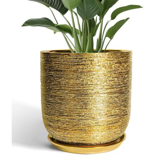 Ceramic Pots for Plants 12 Inch - Ceramic Planter for Indoor Outdoor Flowers, Cylinder Modern Flower Pot with Drainage Hole and Saucer, Patio Home Decor, Gifts for Plants Lovers, Gold