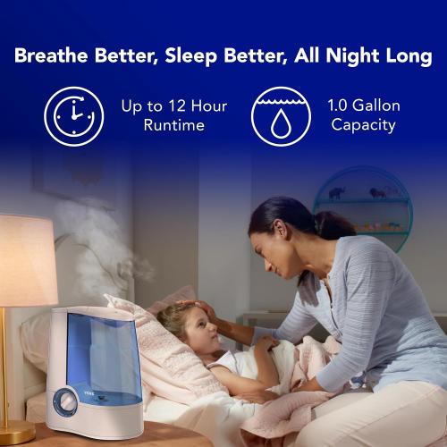 Vicks Warm Mist Humidifier Filter-Free 1-Gal Tank, Auto Shut-Off, Night Light, VapoPad and VapoSteam Compatible