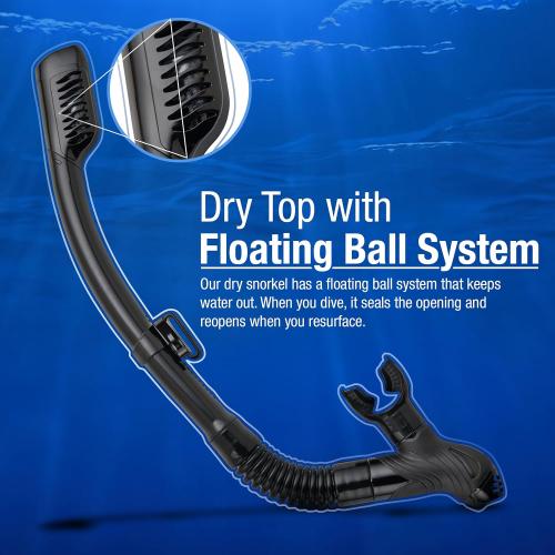 BLACK Dry Snorkel with Purge Valve - Snorkel Gear for Adults with Comfortable Silicone Mouthpiece & Quick Release Clip - Scuba Diving, Snorkeling, Freediving, Spearfishing, Swimming