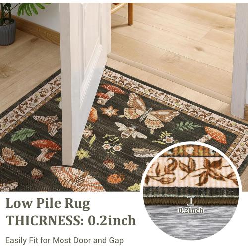 BROWN AND PINK MUTICOLOR Mushroom 10x13 Area Rug for Living Room Washable Non Slip Forest Soft Low-Pile Stain Resistant Thin Large Throw Carpet for Bedroom Dining Room Office Brown