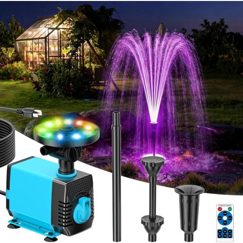 POPOSOAP Pond Fountain Pump Kit with RGB Lights & Remote Control, 660GPH Quiet Submersible Water Pump, Pond Pump with 3 Nozzles for Garden Koi Ponds, Fish Tank,Backyard Water Features Decor-P1104D