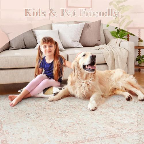 LIVEBOX Washable Rug 6x9 for Living Room, Soft Boho Pink Rugs for Bedroom, Non-Slip Vintage Floral Rug, Ultra-Thin Non-Shedding Large Carpet for Dining Room, Nursery, Home Office, Light Pink