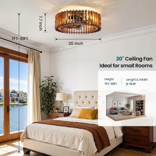 20 Flush Mount Ceiling Fan with Light, Wooden Caged Low Profile Fandelier with Remote, 6-Speed Reversible Bladeless Fan, Farmhouse Ceiling Fan for Bedroom, Kitchen, Living Room