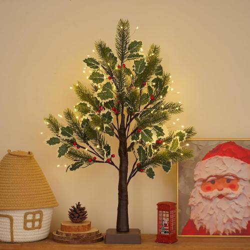 2 FT Christmas Tree with 72 LED Lights, Christmas Decorations Indoor, Fairy Light Spirit Tree for Home Decor, Lighted Birch Trees with Pine Needles, USB and 3AA Battery and Timer（Warm White）