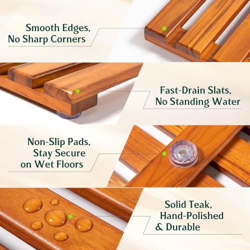Teak Bath Mat 32x18 Extra Large - Solid Wood Shower Mat for Bathroom, Spa & Outdoor Use - Non-Slip Fast-Drying Design - Natural Teak Wood - Wide Slat Floor Mat for Tub & Pool