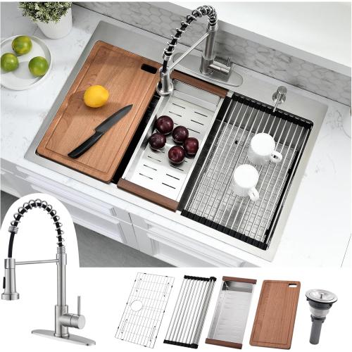 33 x 22 Drop In Kitchen Sink with Faucet Combo - 33x22 Drop In Sink and Faucet Combo Set,Stainless Steel 10 Inch Deep Single Bowl Workstation Sinks with Accessories