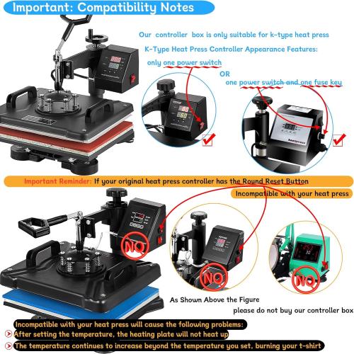 FelRelWel K Type Heat Press Control Box,Replacement Parts for 15x15 Heat Press,Temperature Time Dual Display,Heat Press Machine Control Box for T Shirts、Short、Mug、Cup,1400W,Pre-Purchase Consultation