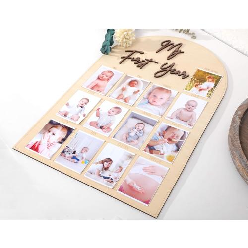 One Year Wood Photo Board - My First Year Month Milestone Board, Girl/Boy 1st Birthday Decorations, 12 Months Banner