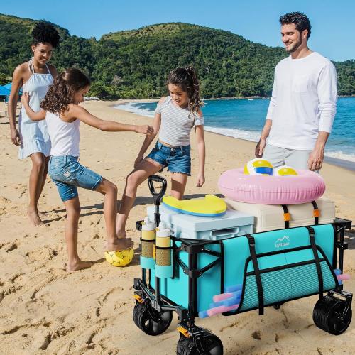Light Blue Collapsible Wagon Cart Heavy Duty Foldable, Folding Beach Wagon with Big Wheels for Sand, Utility Grocery Cart with Side Pocket and Brakes for Sports Outdoor Activities, Light Blue