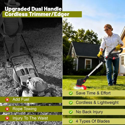 Electric Weed Wacker Cordless Eater 21V Battery Powered Lightweight Portable String Trimmers 3-in-1 Lawn Edger/Grass Trimmer/Brush Cutter with 4 Types Blades & Wheels for Yard and Garden