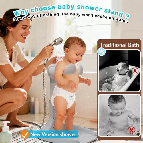 Baby Shower Stand with Anti-Slip Base & Anti-Pinch Silicone, Adjustable Foldable Baby Bath Support for Toddlers 6-36 Months, Portable Standing Helper with Shower Holder | Soporte para Bañera de Bebé