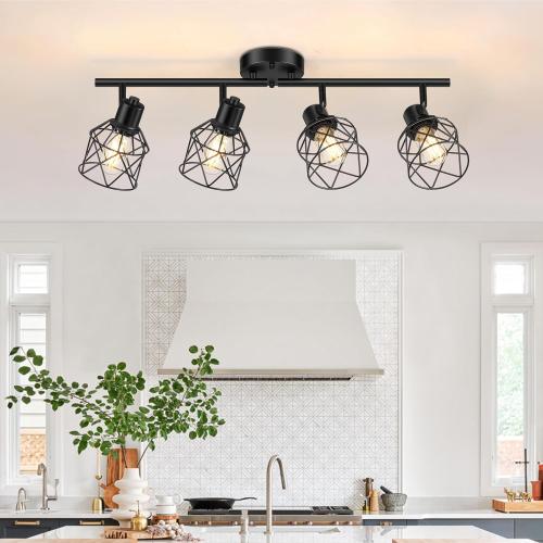 4-Lights Semi Flush Mount Ceiling Light, Adjustable Multi-Directional Light Fixtures, Rotatable Farmhouse Light Fixtures Mount with Metal Cage for Dining Room, Living Room