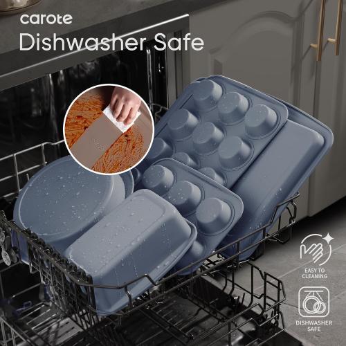 CAROTE 7-Piece Nonstick Stackable Baking Pans Set - Bakeware Sets Including Cookie Sheets for Baking, Muffin Pan, Bread Pan, Cake pan, Loaf Pan, Roasting Pan, Gray & Blue