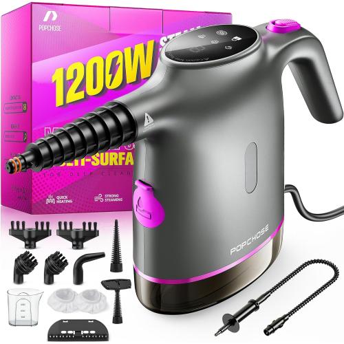 POPCHOSE Handheld Steam Cleaner for Home, Portable Pressurized Steamer for Cleaning Grout, Surfaces, Bathroom, Couch, 20S Fast Heat Up, 12 Accessories, Steam Adjustable, Safety Lock, Graypurple