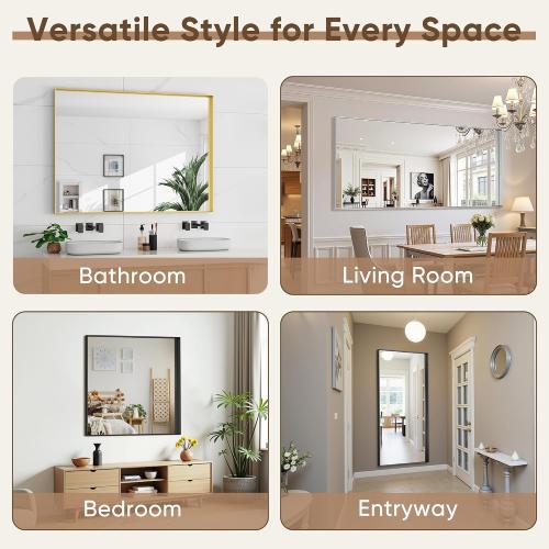 Silver Bathroom Mirror 48x30 Inch, Rectangle Mirror with Metal Deep Frame, Wall Mirrors for Over Sink, Vanity, Bedroom, Bathroom, Hangs Horizontally or Vertically