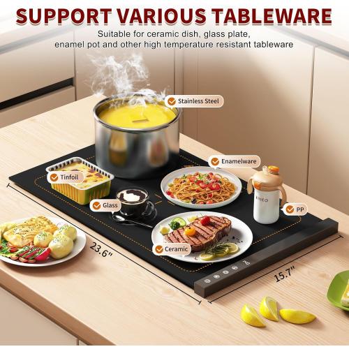 Warming Mat for Food - Full Surface Rapid Heating, Rollable & Portable Food Warmer with 6 Temperature Settings and 1-4 hours Adjustable Timer, Silicone Heating Mat for Party Buffet (Black)