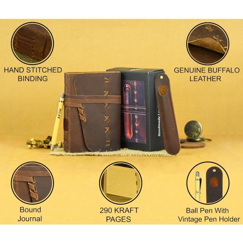 Leather Journal Notebook for Men & Women Daily Vintage Leather Bound Journal Travel Notebook 290 Lined Paper Diary Writing Journal Travelers Scrapbook Poetry Sketchbook Leather Gifts with Pen Holder
