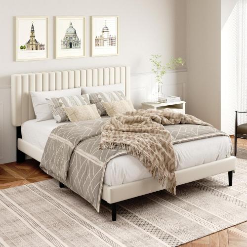 Beige Queen Size Platform Bed Frame with Velvet Upholstered Headboard, Queen Bed Frame with Strong Wood Slats, Box Spring Optional, Mattress Foundation, Easy Assembly Beige