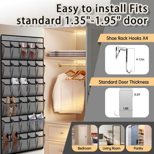 Over the Door Shoe Organizer with 30 Breathable Mesh Pockets - Large Capacity Closet Storage for Men & Women, Hanging Shoe Rack Organizer (Gray)
