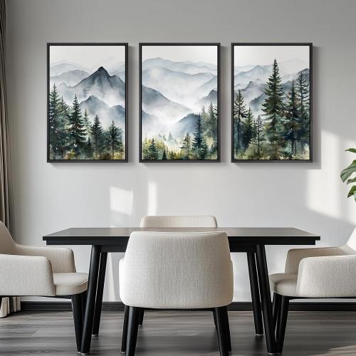 Framed Mountain Landscape Wall Art for Living Room, Large Foggy Forest Watercolor Artwork for Walls, 3 Piece Nature Mountain Forest Paintings Prints for Hallway Office Kitchen Wall Decor, 24x36 Inch