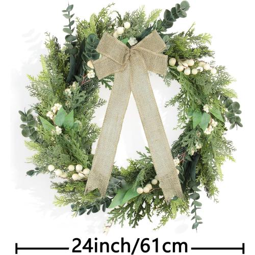 24-Inch Spring Greenery Wreath – Faux Pine & Eucalyptus Mixed Botanical Wreath with White Meadow Berries & Natural Burlap Bow – Modern Farmhouse Front Door Decor for Year-Round Use