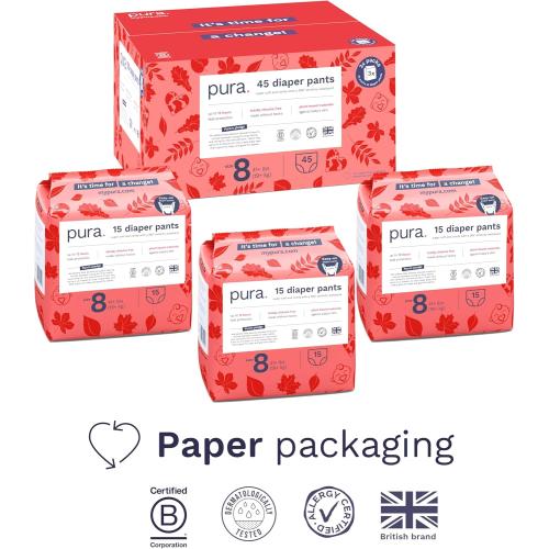 Pura Hypoallergenic Diaper Pants Size 8 (41  lbs) Overnight, up to 12 Hours Leak Protection, Suitable for Sensitive Skin, Totally Chlorine Free, Soft Organic Cotton, 3 Packs of 15 (45 Pull Up Pants)