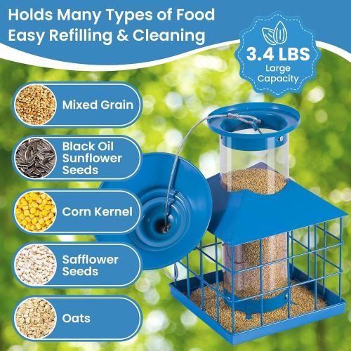 Squirrel Proof Bird Feeder, Hanging Metal Cage Bird Feeders for Outdoors, Weather Resistant Wild Bird Feeders with Finch Cardinal Chickadee, 3.4 LB Large Capacity,Blue