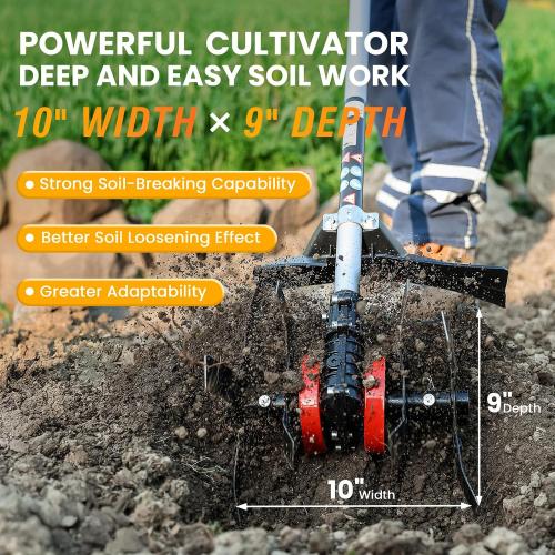 Cordless Tiller Cultivator, 21V 450RPM Electric Tiller with Battery Level Display, 2 * 4.0Ah Batteries & Charger, Tiller for Gardening, Lawn, Soil (Cultivation Width 10/ Depth 9)