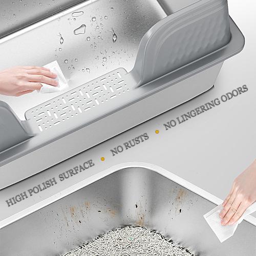 Vealind XXL Stainless Steel Cat Litter Box High Sided with Lid 23.7 L x 16 W x 14 H Anti Leakage Extra Large Metal Cat Litter Tray with Scoop and Mat for Big Cats (Grey)