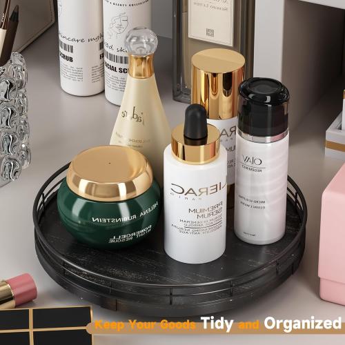 10 Oak Bathroom Vanity Tray Turntable for Perfume Candle, Round Wooden Decorative Tray for Kitchen Sink Countertop Organizer, Bathroom Counter Organizer for Skincare Makeup, Farmhouse Black Gold