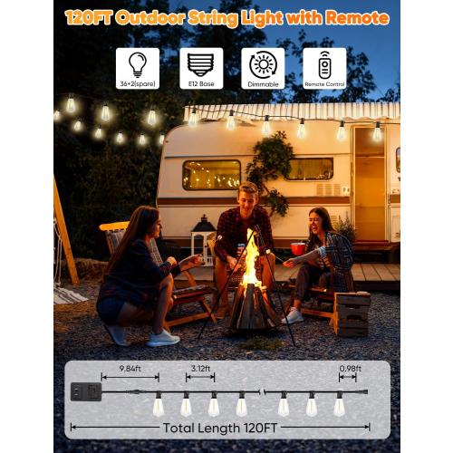 Brightever 120FT LED Outdoor String Lights with Remote, Patio Lights Outdoor Waterproof with 36 2 Shatterproof ST38 LED Bulbs, Dimmable Outside Hanging Light for Porch, Garden, Backyard, Cafe, 2700K