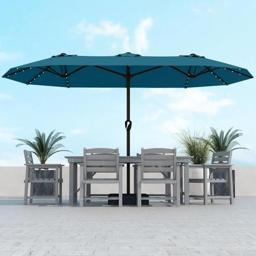 Kingdura 15ft Large Patio Umbrella with Solar Lights, Double-Sided Rectangle Outdoor Table Umbrella with Base Included, 12 Reinforced Ribs, 48 Led Lights, Crank Lift for Market Pool Deck, Lake blue