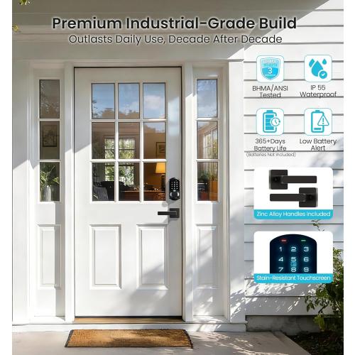 Veise VE07-L Fingerprint App Control Smart Locks with Heavy-Duty Zinc Alloy Handles, Keyless Entry for Front Door, Digital Electronic Touchscreen, Auto Lock, Waterproof, Easy Install, Matte Black