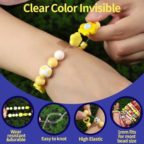 FANDAMEI 1mm Elastic Bracelet String Cord, Crystal Stretch Bead Cord for Bracelets Jewelry Making, Clear Stretchy Elastic String for Beading, Transparent Thread for Bracelet Necklace Making