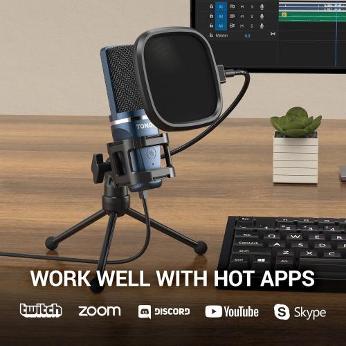 Color Blue TONOR TC-777 Podcast Microphone, USB Computer Microphone, Cardioid Condenser PC Mic with Tripod Stand and Pop Filter for Podcasting, Streaming, Vocal Recording, Compatible with PC & Laptop, PS4/5