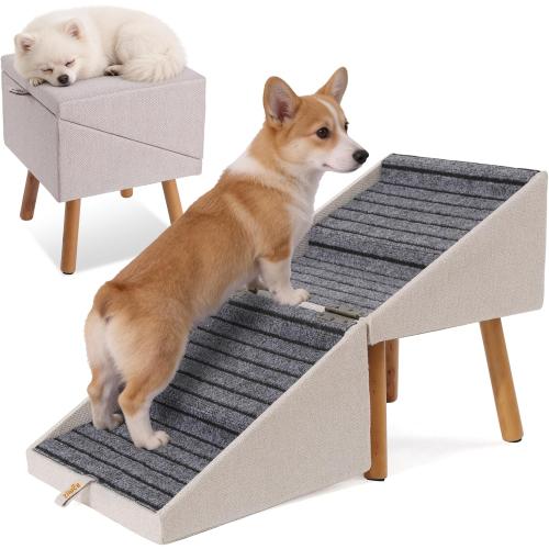 Dog Stairs for Small Dogs, 2-in-1 Pet Steps & Ottoman - Foldable Dog Stairs for Couch, Non-Slip Wooden Pet Stairs for Puppy Senior Injured Dogs